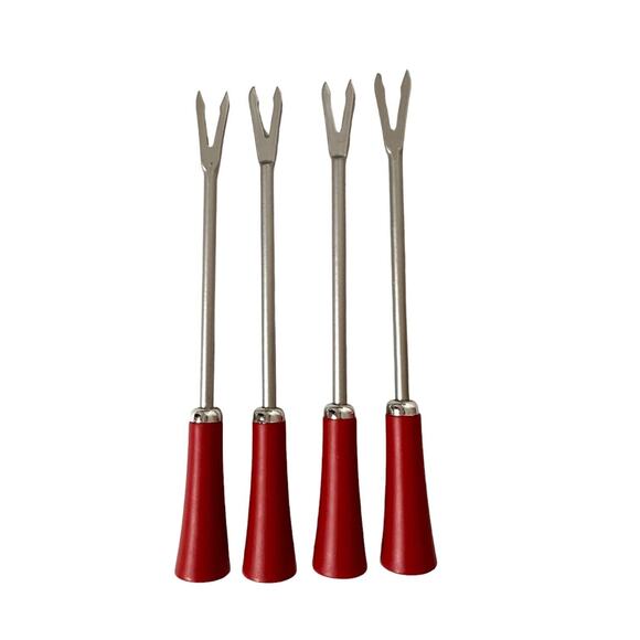 Fondue Skewers Set of 4 Dipping Fork Red Silver Minimalist Colorful Simple MCM - Picture 2 of 10